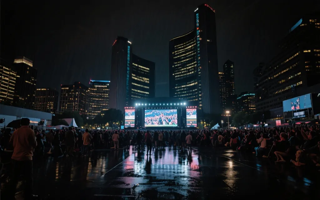 多伦多夜景与球迷广场观赛的氛围,人群在大屏幕前欢呼